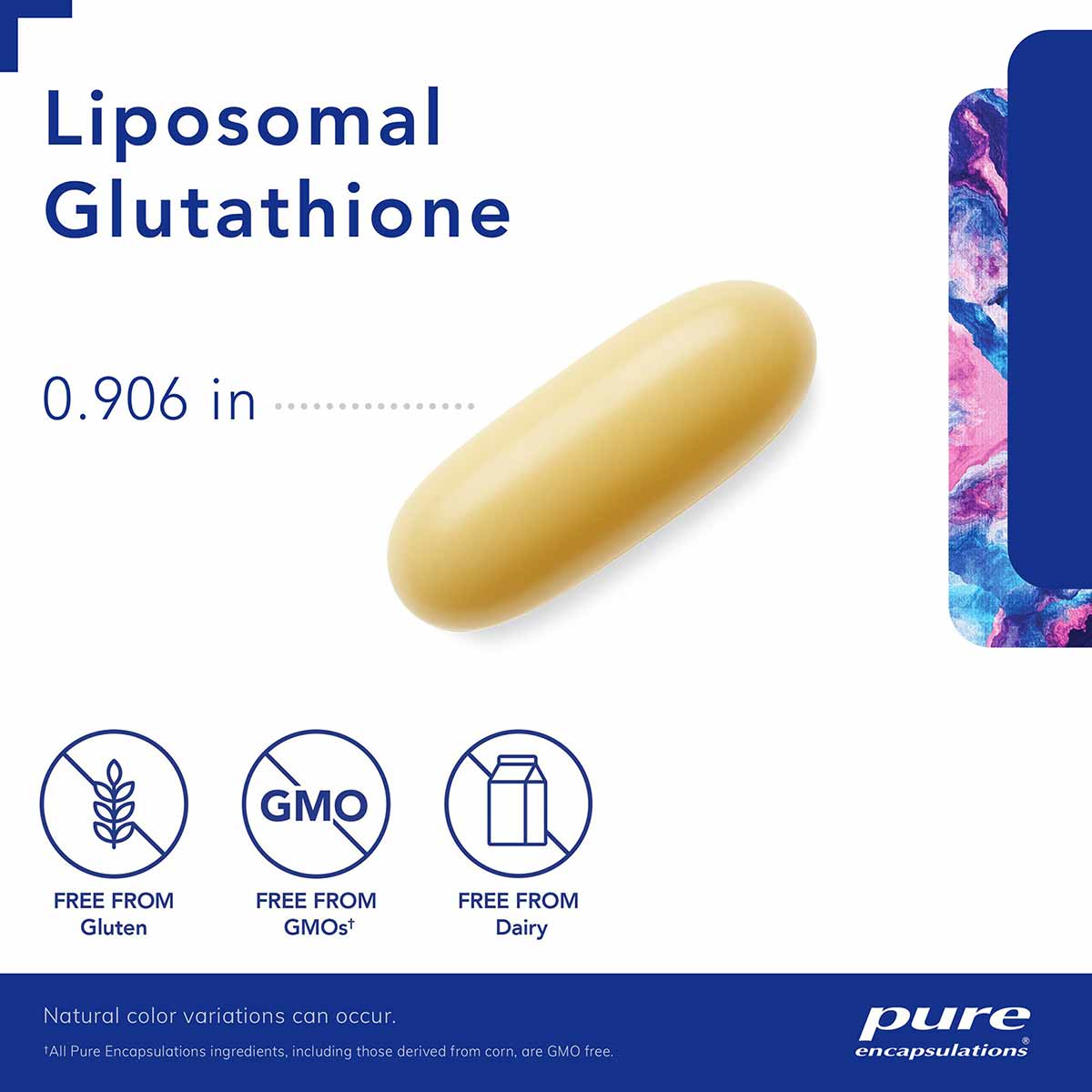 Yellow oval capsule labeled Liposomal Glutathione, 0.906 inches, with product packaging and GMO-free certification icons.