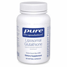 White bottle with blue Pure Encapsulations label containing 60 softgel capsules of Liposomal Glutathione dietary supplement.