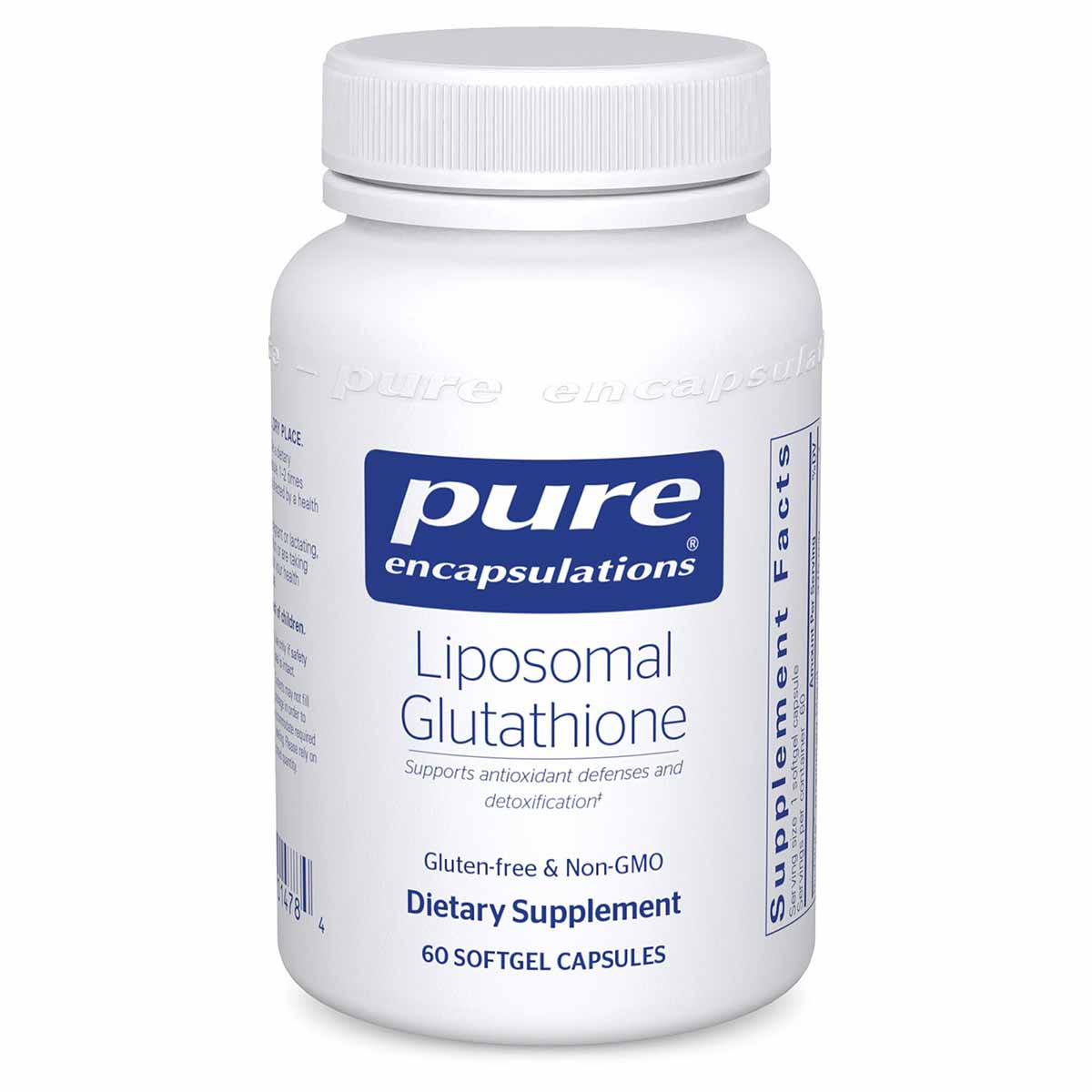 White bottle with blue Pure Encapsulations label containing 60 softgel capsules of Liposomal Glutathione dietary supplement.