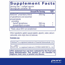Supplement Facts label for Pure Encapsulations liposomal glutathione softgel capsules with 250mg glutathione per serving.