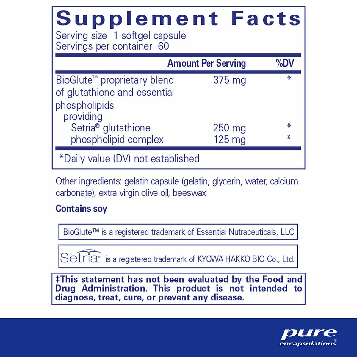 Supplement Facts label for Pure Encapsulations liposomal glutathione softgel capsules with 250mg glutathione per serving.