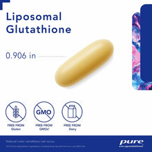 Pale yellow oval capsule labeled Liposomal Glutathione with product packaging and allergen icons.
