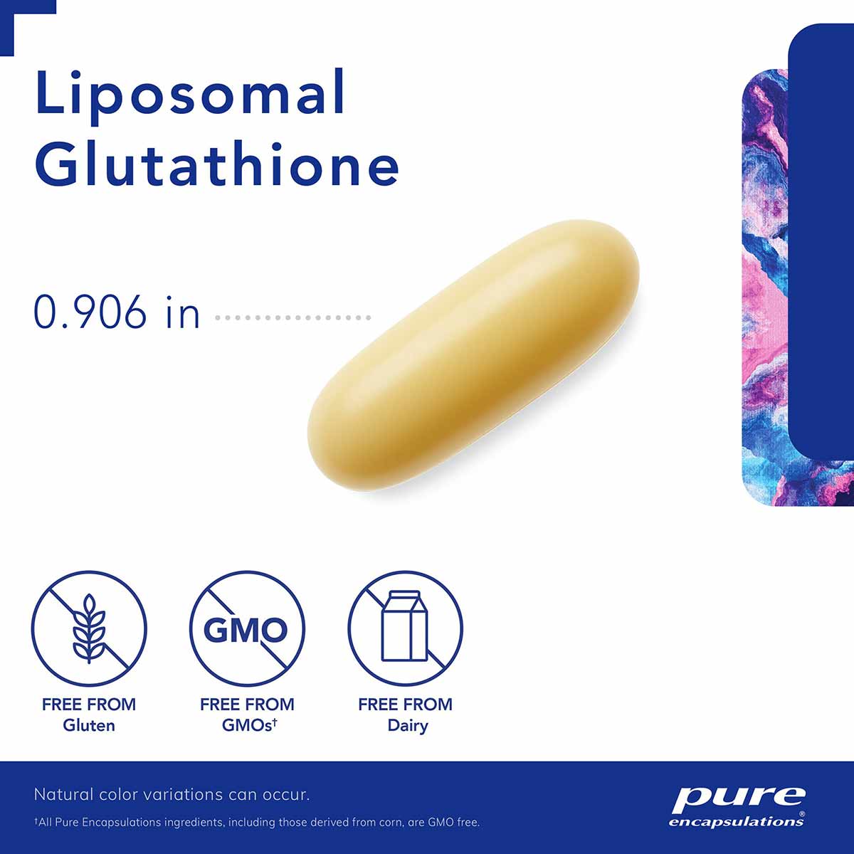 Pale yellow oval capsule labeled Liposomal Glutathione with product packaging and allergen icons.