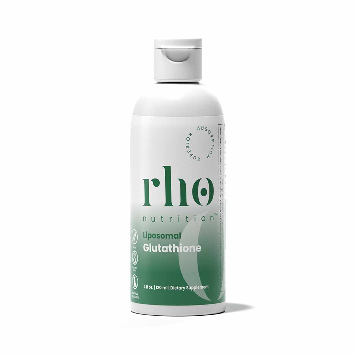 White and green bottle of Rho Nutrition liposomal glutathione dietary supplement, 4 fl oz size.