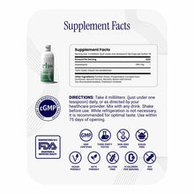 Liquid supplement bottle with supplement facts label, directions, and certification badges including GMP, FDA registered faci