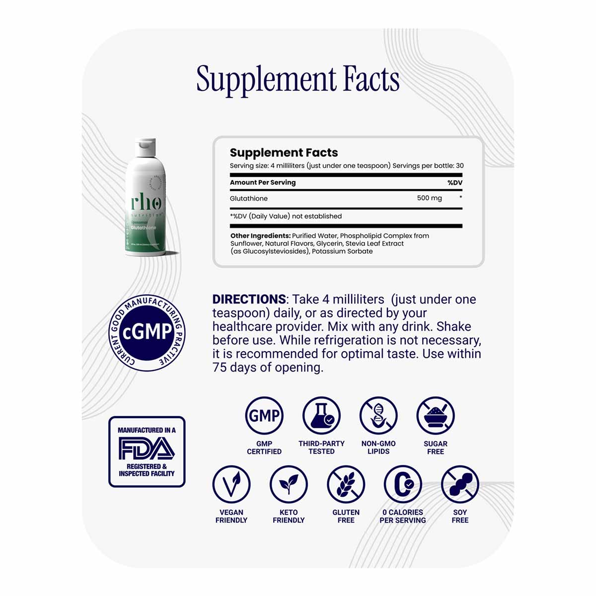 Liquid supplement bottle with supplement facts label, directions, and certification badges including GMP, FDA registered faci