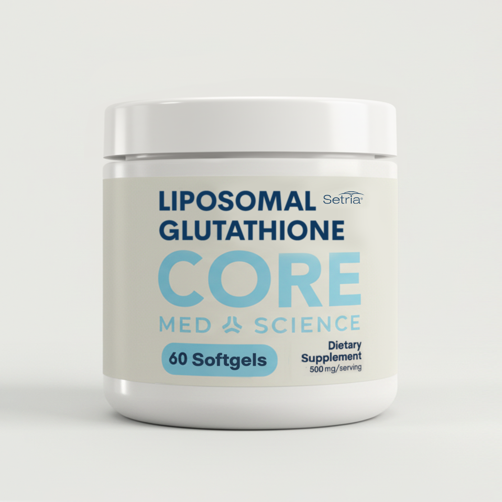 White cylindrical bottle of Core Med Science Liposomal Glutathione with blue and teal labeling, containing 60 softgels.