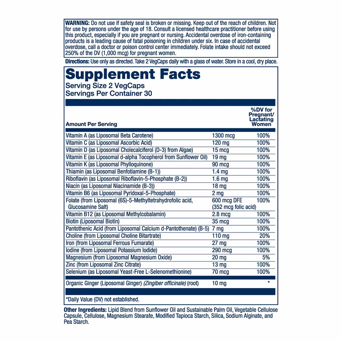 Solaray Liposomal Prenatal Multivitamin supplement facts label showing serving size, ingredients, and daily values for pregna