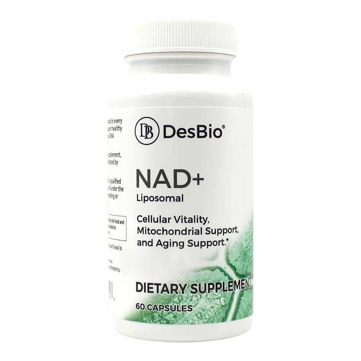 White bottle of DesBio Liposomal NAD+ dietary supplement with white ribbed cap containing 60 capsules.