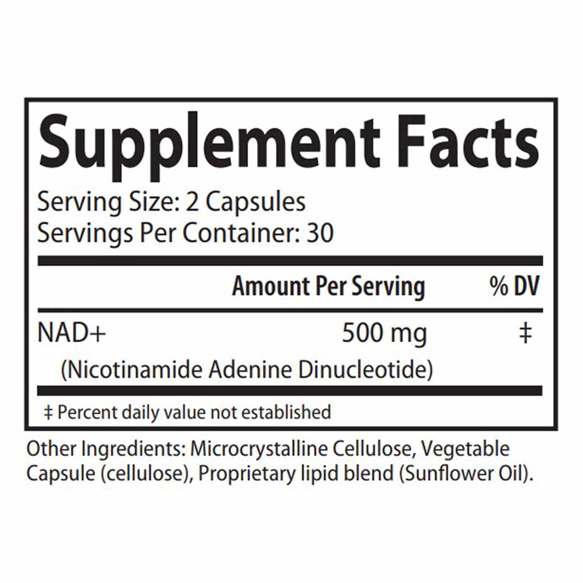 Supplement Facts label showing NAD+ 500 mg per serving, 2 capsules, 30 servings per container.