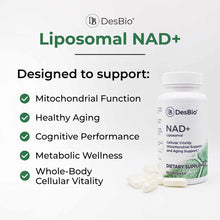 DesBio Liposomal NAD+ supplement bottle with white capsules and product information text on light background.