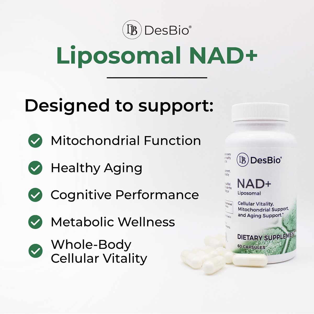 DesBio Liposomal NAD+ supplement bottle with white capsules and product information text on light background.