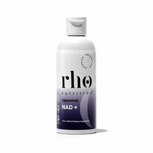 White bottle with silver cap labeled "rho nutrition Liposomal NAD+" with purple gradient design, 4 fl oz size.