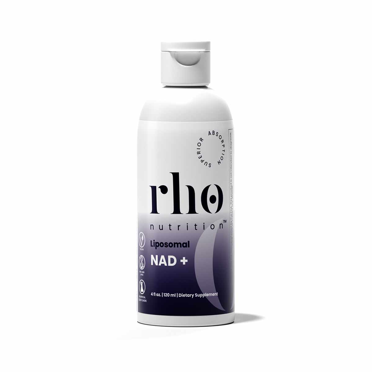 White bottle with silver cap labeled "rho nutrition Liposomal NAD+" with purple gradient design, 4 fl oz size.