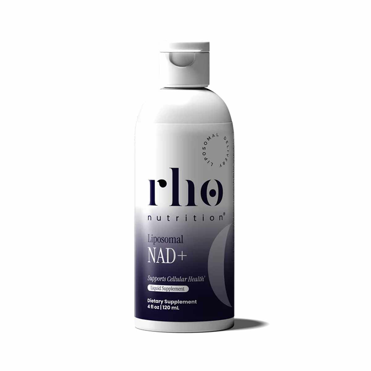 White and dark blue pump bottle of Rho Nutrition Liposomal NAD+ liquid supplement, 4 fl oz.
