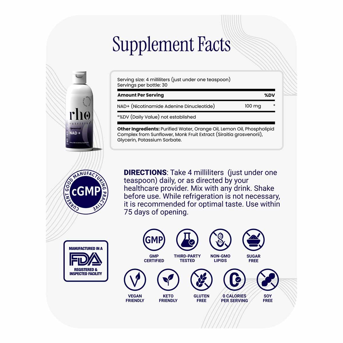 Rho Nutrition Liposomal NAD+ supplement bottle with Supplement Facts label showing 100mg NAD+ per serving and ingredient list