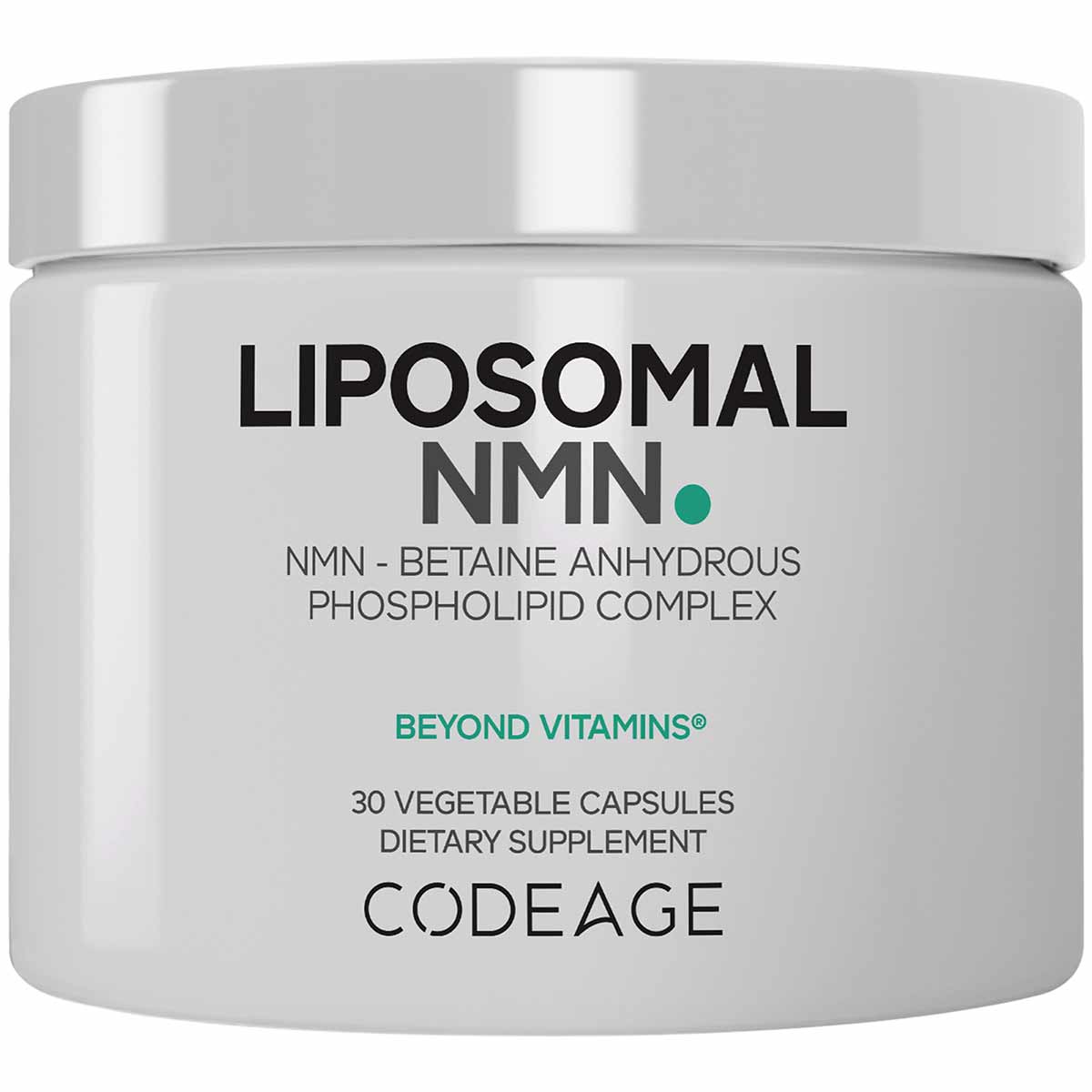 White cylindrical supplement bottle with silver cap labeled "Liposomal NMN" by Codeage, containing 30 vegetable capsules.