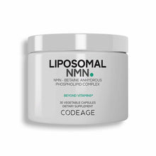 White cylindrical jar with silver lid containing Liposomal NMN dietary supplement by Codeage, 30 vegetable capsules.
