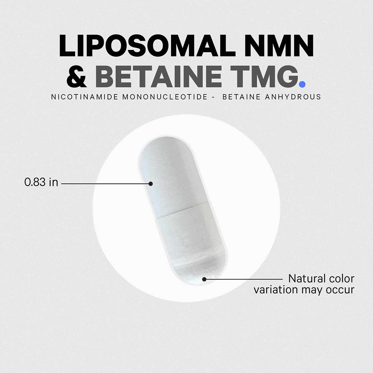 White liposomal NMN and betaine TMG capsule, 0.83 inches long, with natural color variation.