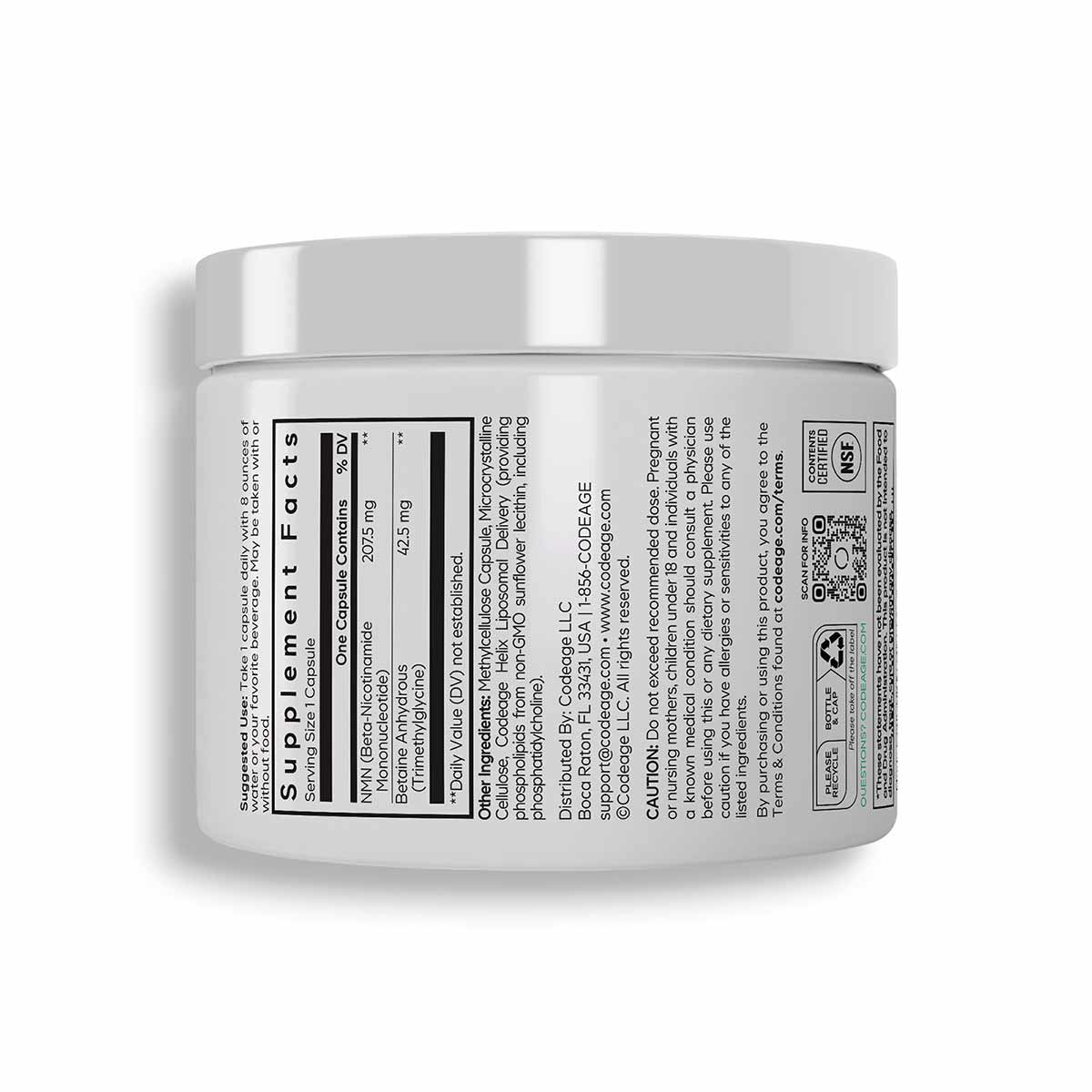 White plastic supplement jar with silver lid and black text labels on front and back.