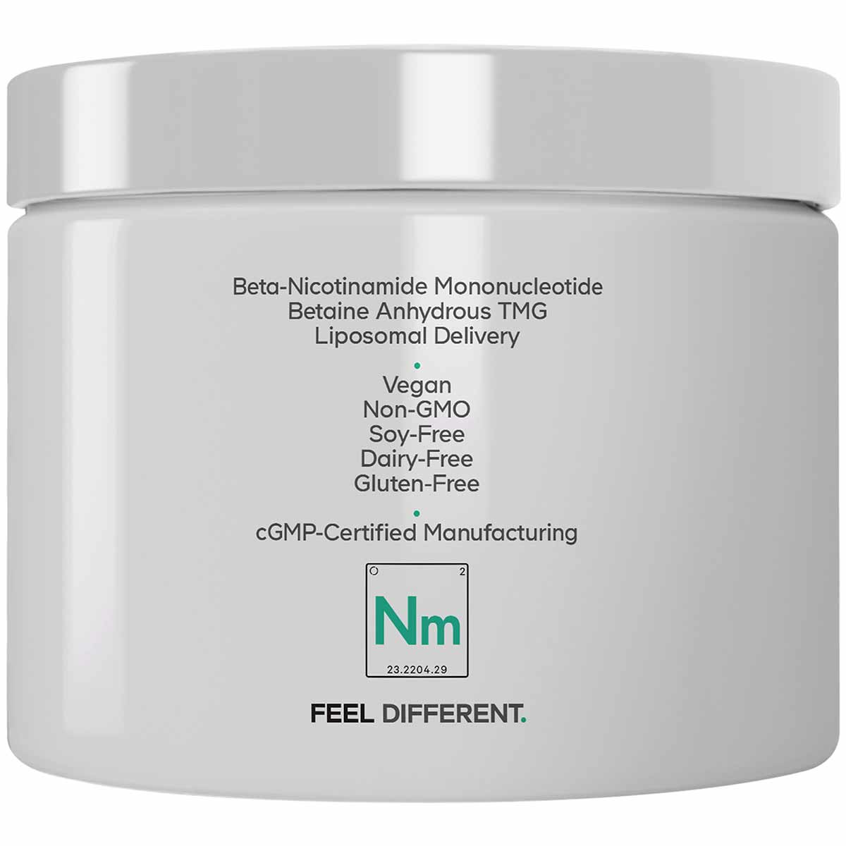 White cylindrical supplement jar with silver lid containing Codeage Liposomal NMN powder.