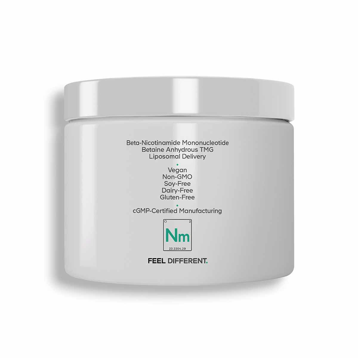 White cylindrical supplement container with silver lid labeled with NMN ingredient information and dietary attributes.