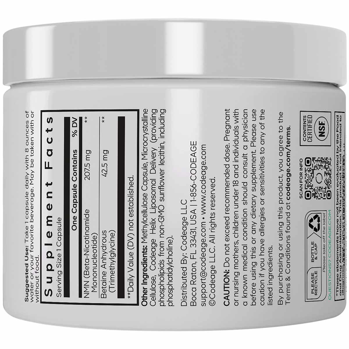 White supplement container with silver lid and black label containing Liposomal NMN product information and ingredient detail