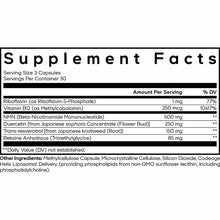 Supplement Facts label showing serving size of 3 capsules with NMN, Vitamin B12, quercetin, and other ingredients per serving