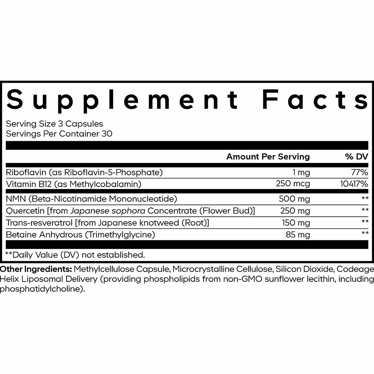 Supplement Facts label showing serving size of 3 capsules with NMN, Vitamin B12, quercetin, and other ingredients per serving