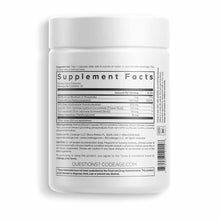 White cylindrical supplement bottle with white cap and black label showing Supplement Facts and usage instructions.