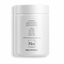 White supplement container with printed text listing quercetin, trans-resveratrol, betaine anhydrous, liposomal delivery, veg