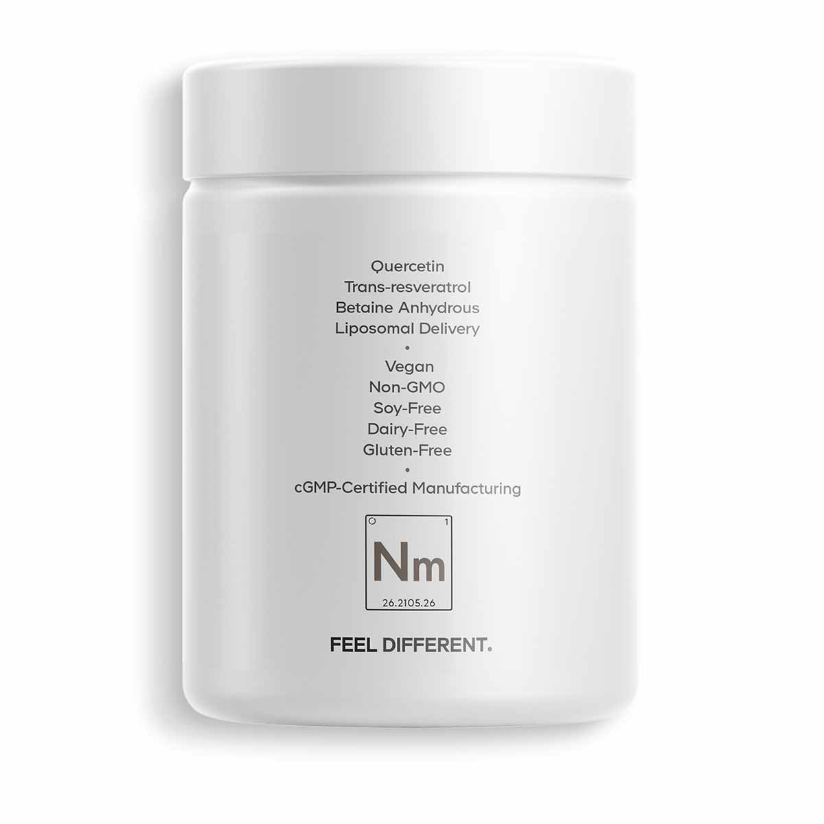 White supplement container with printed text listing quercetin, trans-resveratrol, betaine anhydrous, liposomal delivery, veg