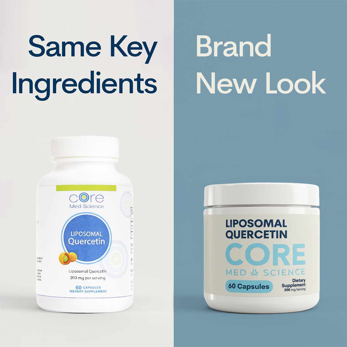 Two bottles of Core Med Science Liposomal Quercetin supplement showing old and new label designs side by side.
