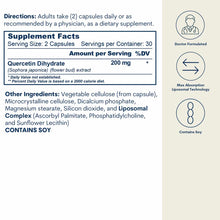 Supplement Facts label for liposomal quercetin capsules showing 200mg per serving with doctor formulated and max absorption i