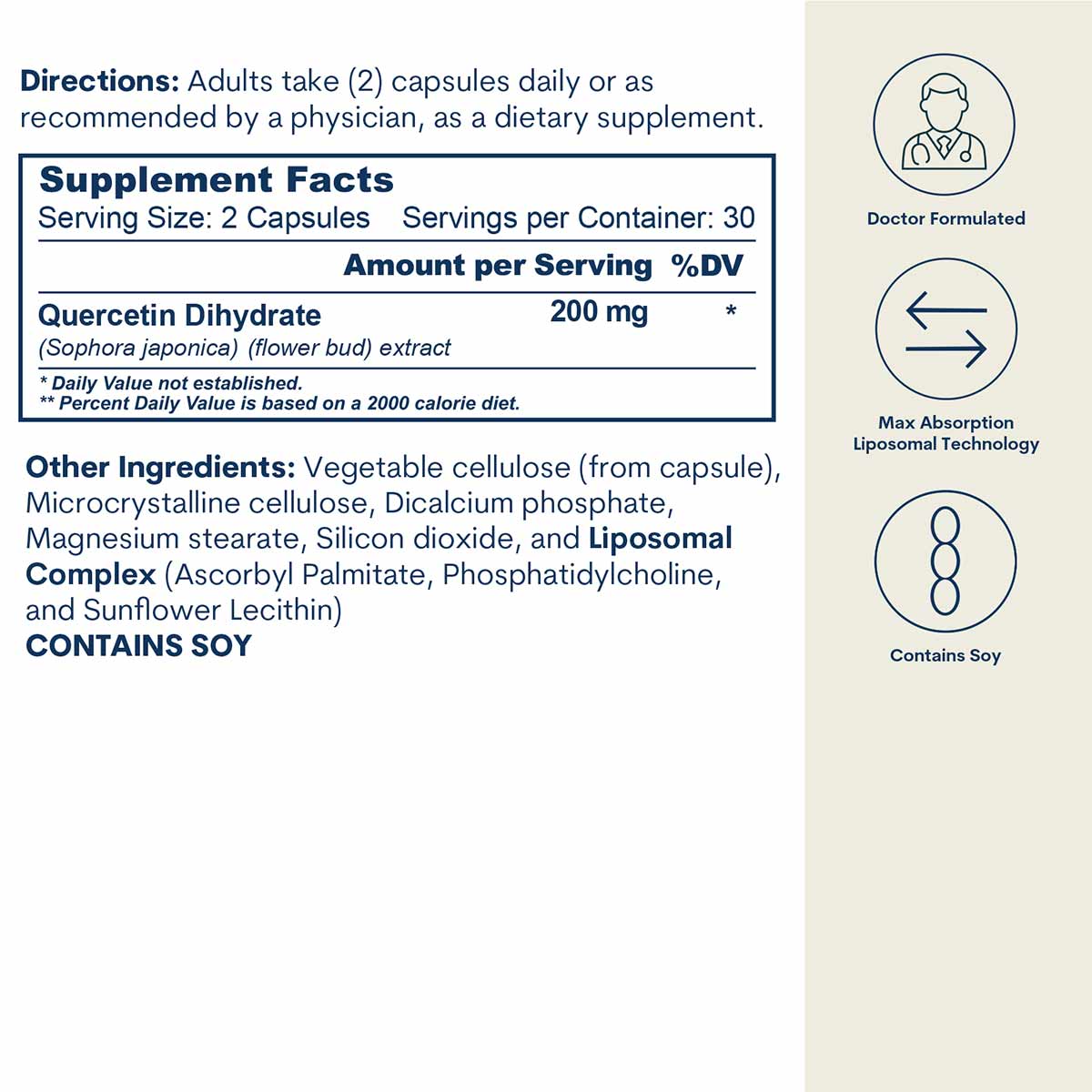 Supplement Facts label for liposomal quercetin capsules showing 200mg per serving with doctor formulated and max absorption i