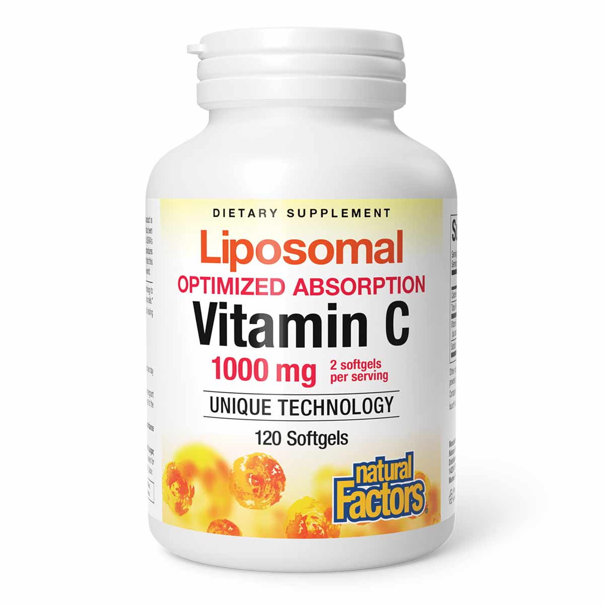 White bottle of Natural Factors Liposomal Vitamin C 1000 mg dietary supplement containing 120 softgels.