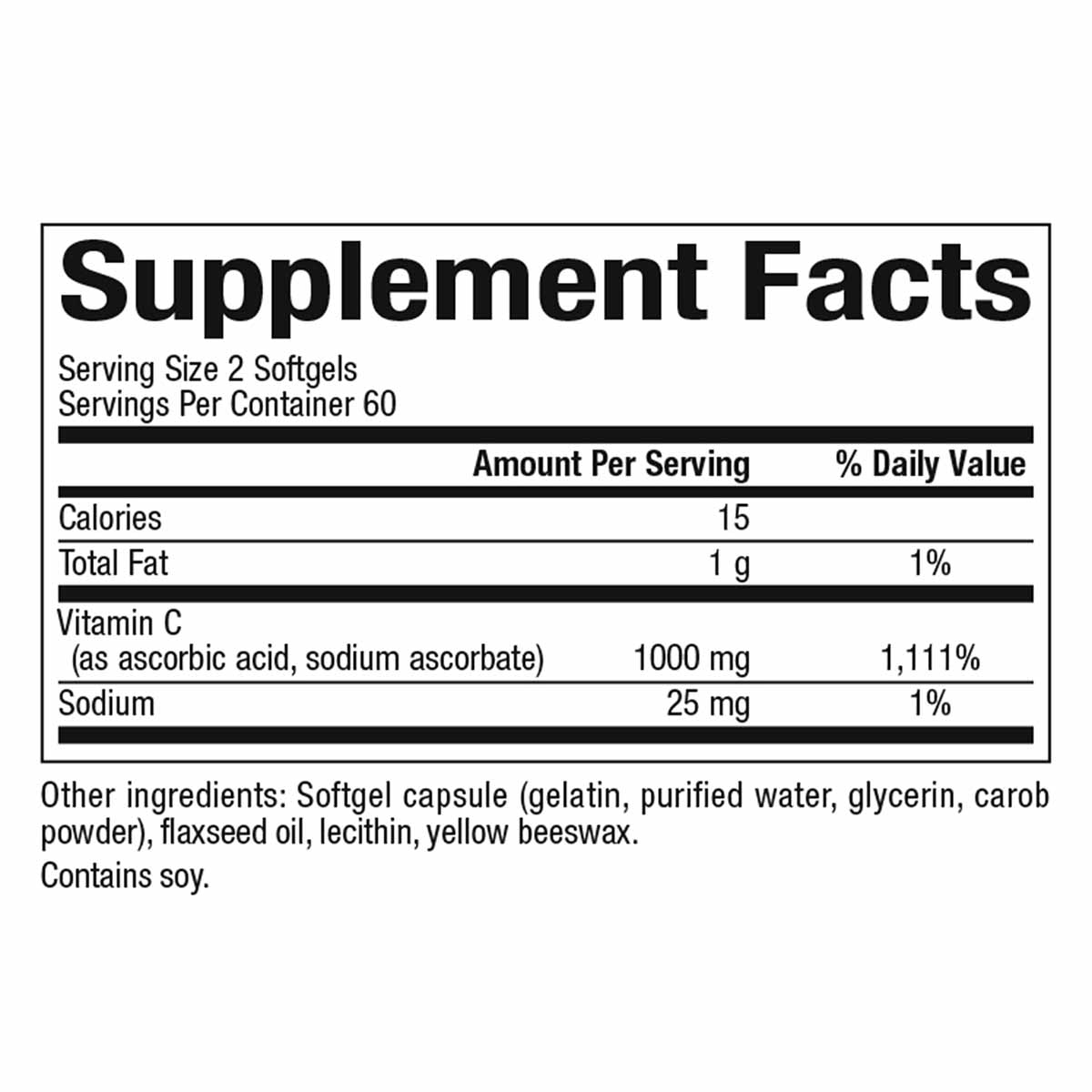 Supplement Facts label for liposomal vitamin C 1000 mg softgels with serving size, nutritional information, and ingredient li
