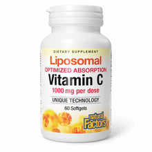 White bottle of Natural Factors Liposomal Vitamin C 1000 mg dietary supplement with yellow label and 60 softgels.