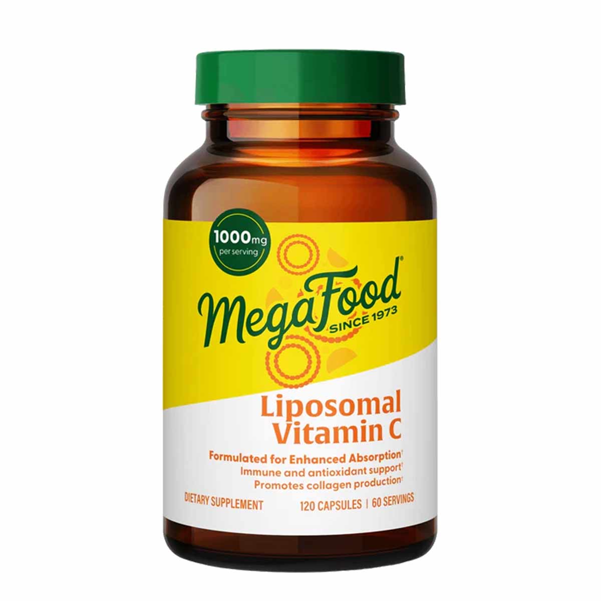 Brown glass bottle with green cap labeled "MegaFood Liposomal Vitamin C 1000mg per serving, 120 capsules."