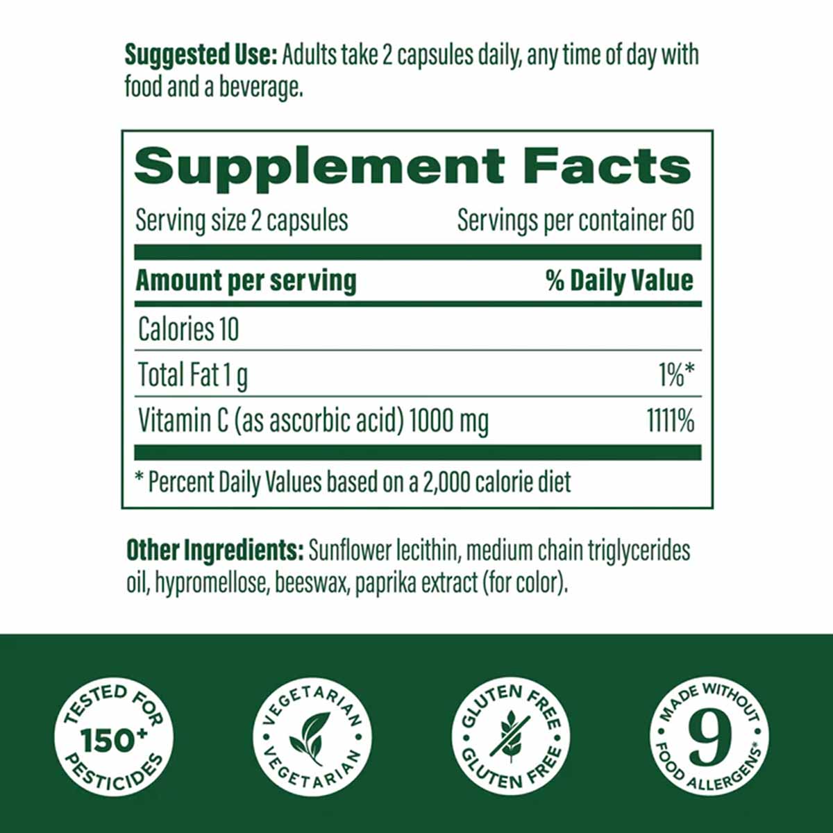 Supplement Facts label for Liposomal Vitamin C showing 1000mg per serving, ingredient list, and certification badges.