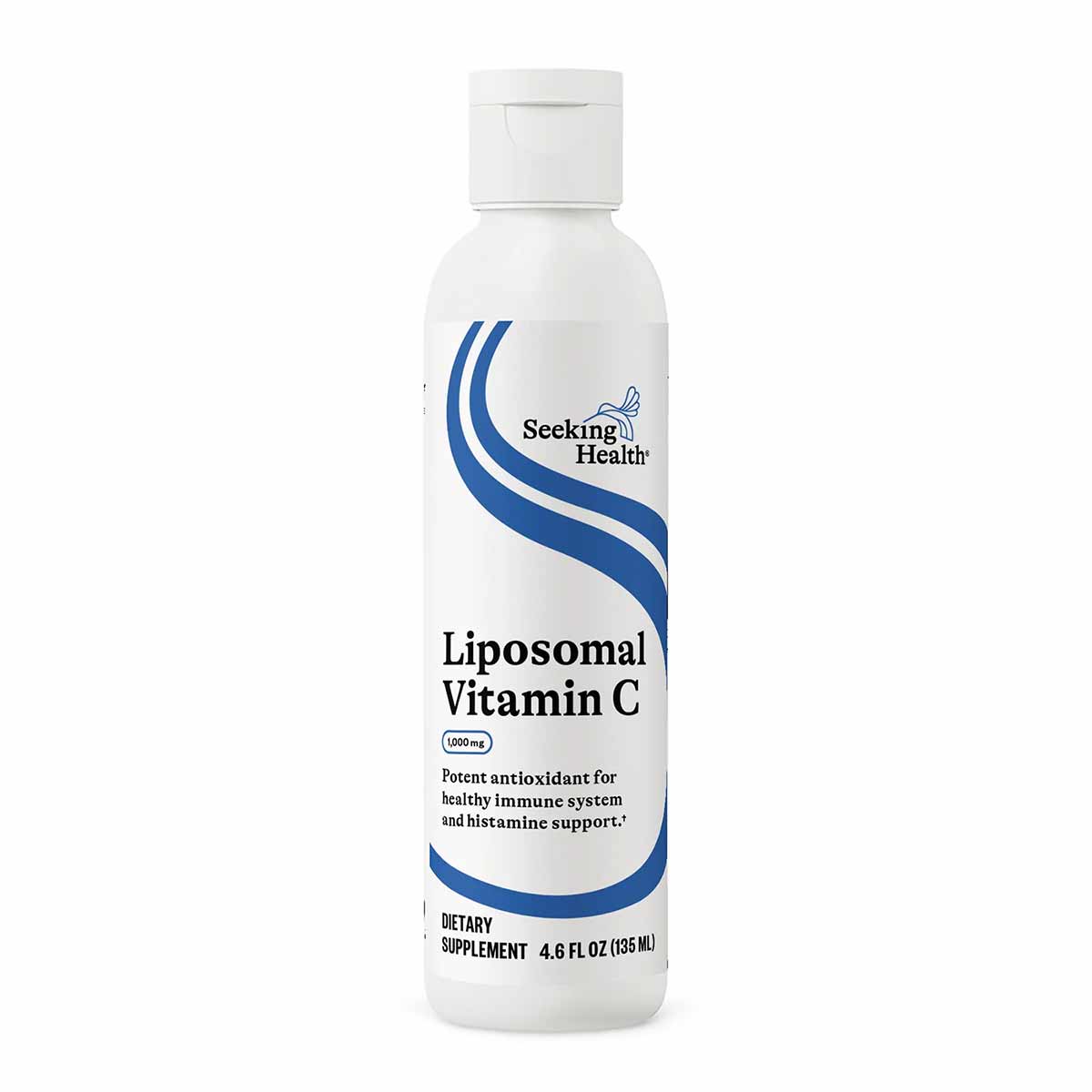 White bottle of Seeking Health Liposomal Vitamin C liquid supplement with blue logo and label, 4.6 fl oz.