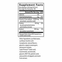 Supplement Facts label for Liposomal Vitamin C showing 1,000mg vitamin C per serving with ingredients including sunflower lec