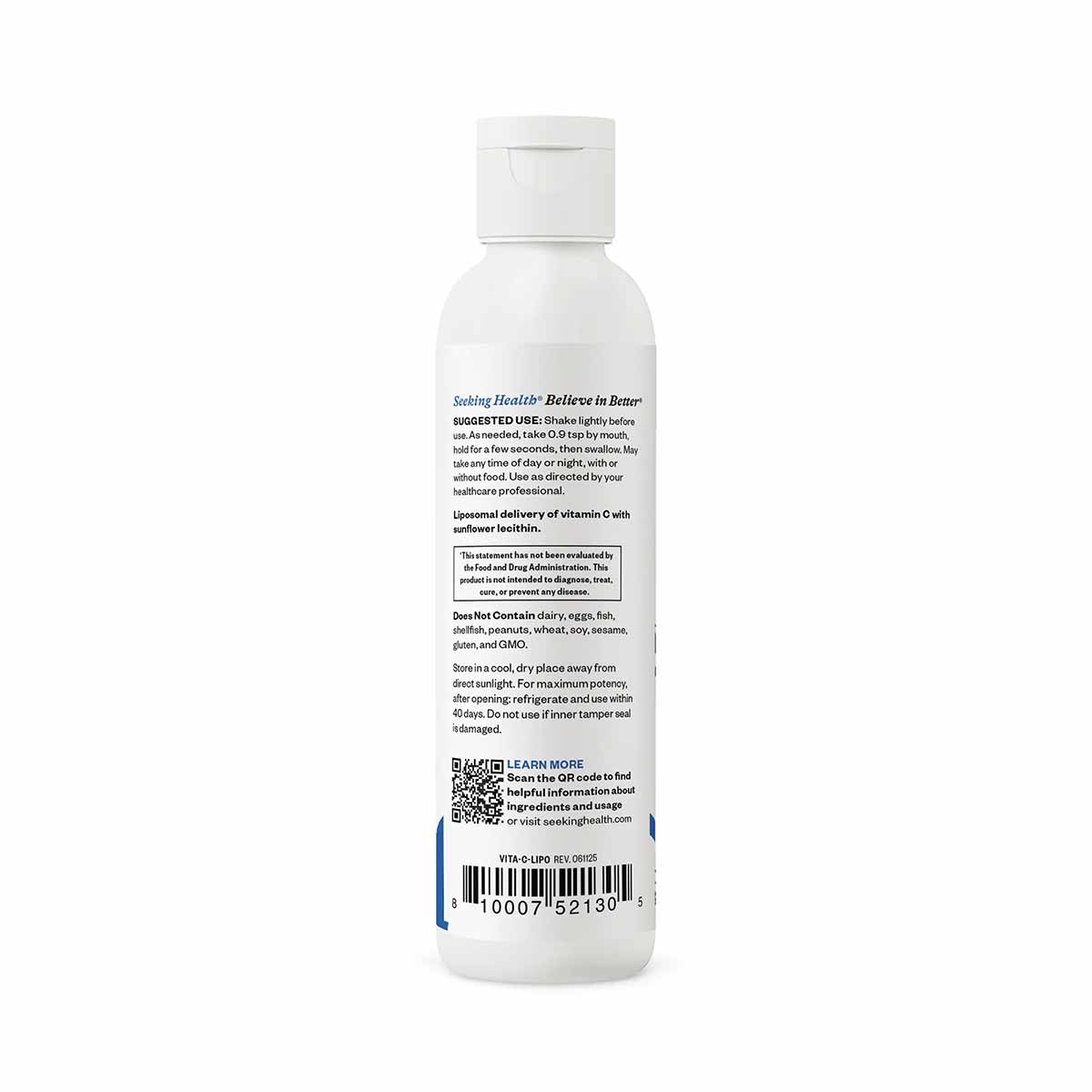 White bottle of Seeking Health Liposomal Vitamin C liquid supplement with white cap and product information label.