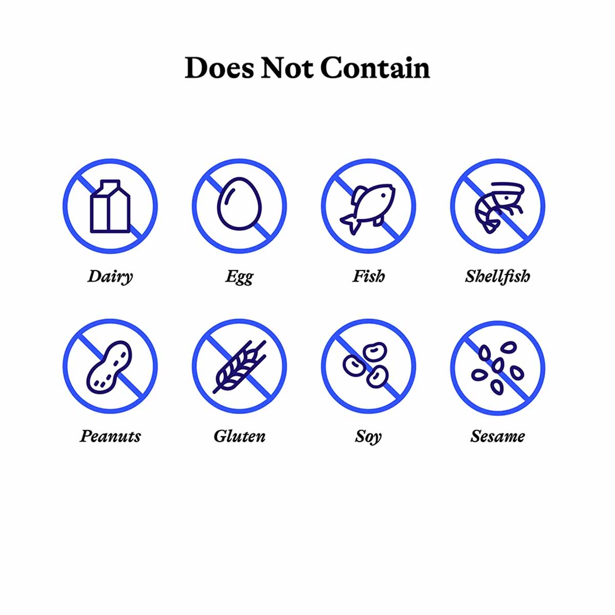 Eight allergen icons with prohibition symbols indicating the product does not contain dairy, egg, fish, shellfish, peanuts, g