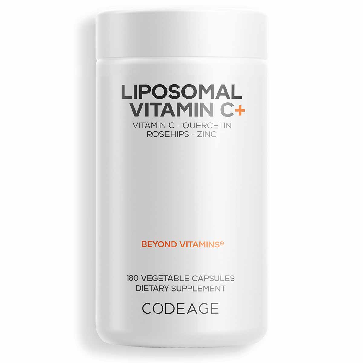 White cylindrical bottle labeled "Liposomal Vitamin C+" containing 180 vegetable capsules by Codeage.