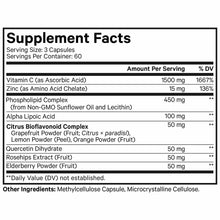 Supplement Facts label showing 1500 mg Vitamin C, Zinc, Phospholipid Complex, Alpha Lipoic Acid, and botanical extracts per s