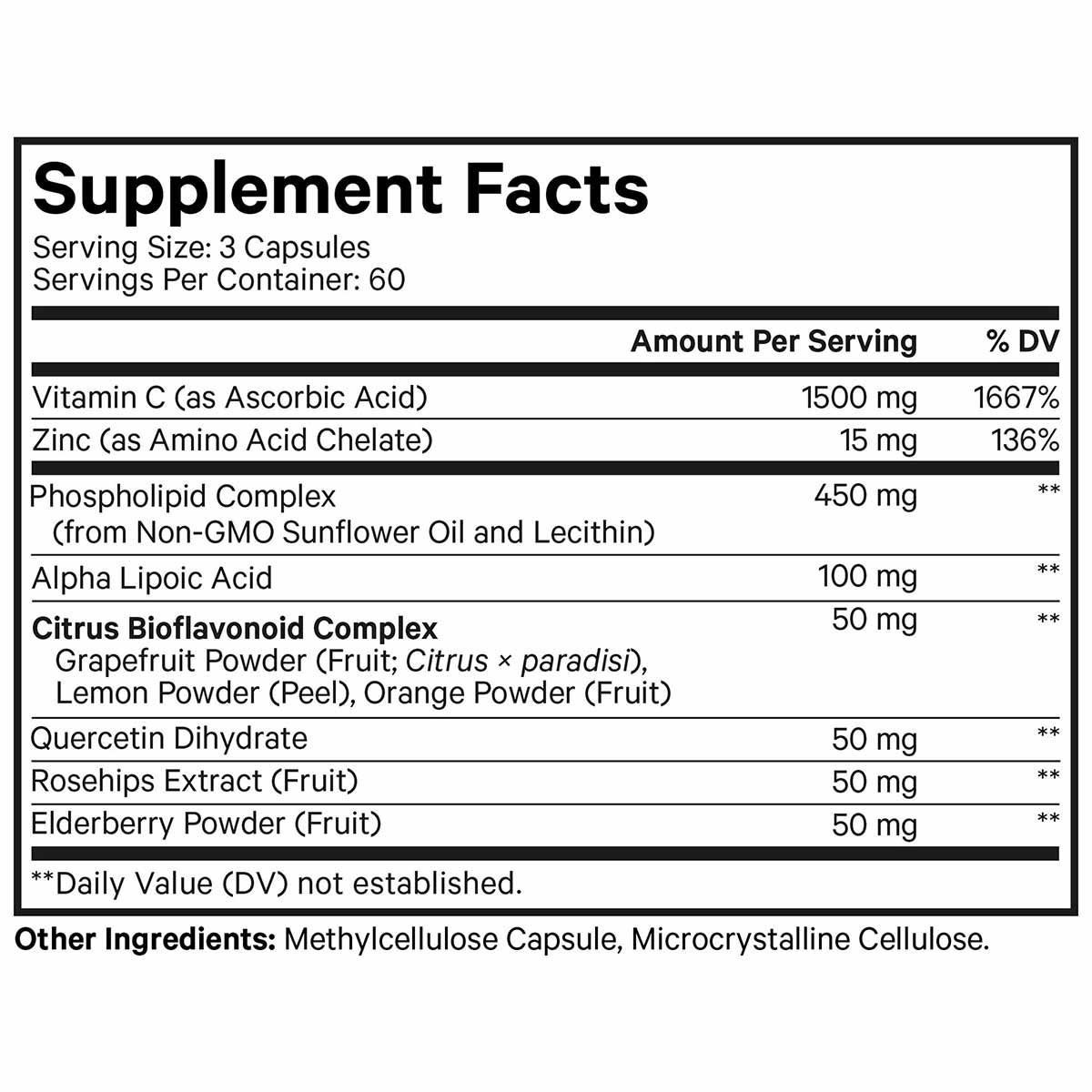 Supplement Facts label showing 1500 mg Vitamin C, Zinc, Phospholipid Complex, Alpha Lipoic Acid, and botanical extracts per s