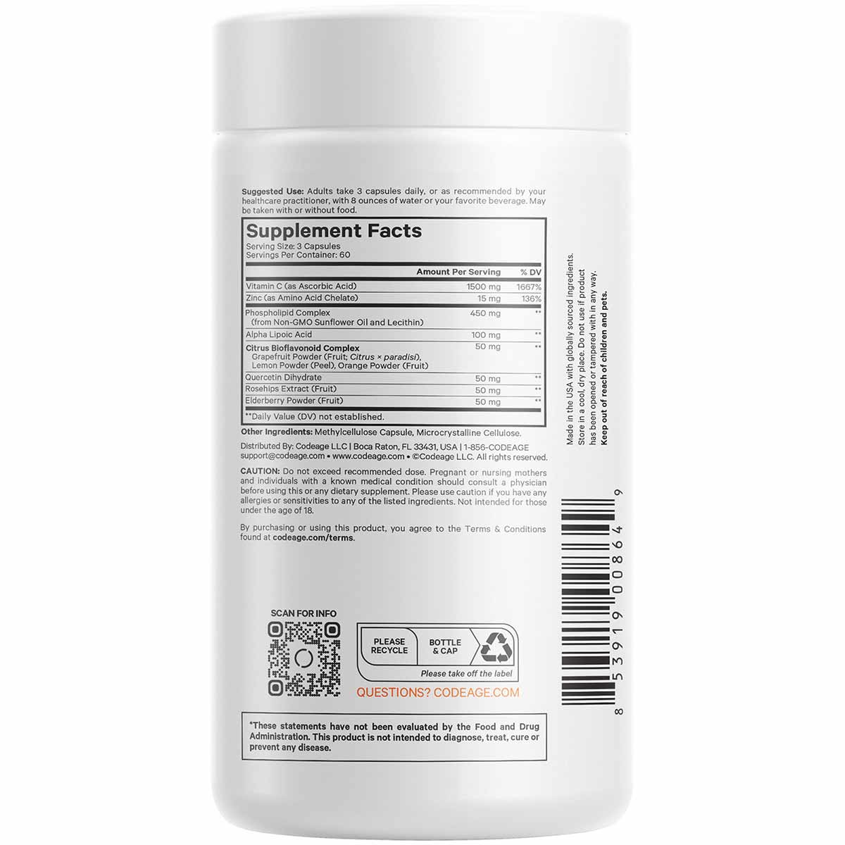 White plastic supplement bottle with white cap showing Supplement Facts label and ingredient list for Liposomal Vitamin C cap