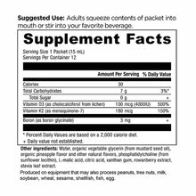 Supplement Facts label for Liposomal Vitamin D3 + K2 gel packets showing 12 servings of 15 mL with nutritional information an