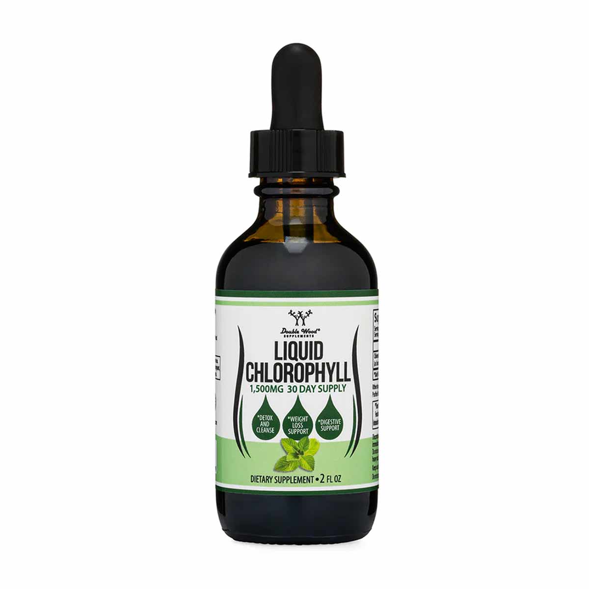 Dark glass dropper bottle of Double Wood Supplements liquid chlorophyll with white and green label showing 1,500mg, 30-day su